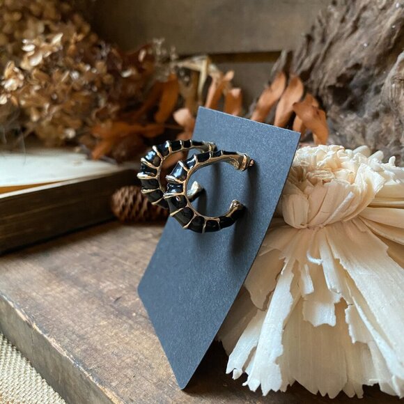 Bamboo Black Enamel Gold Tone Inlay Hoop Earrings - Unique Sea Urchin Gothic - Picture 4 of 7